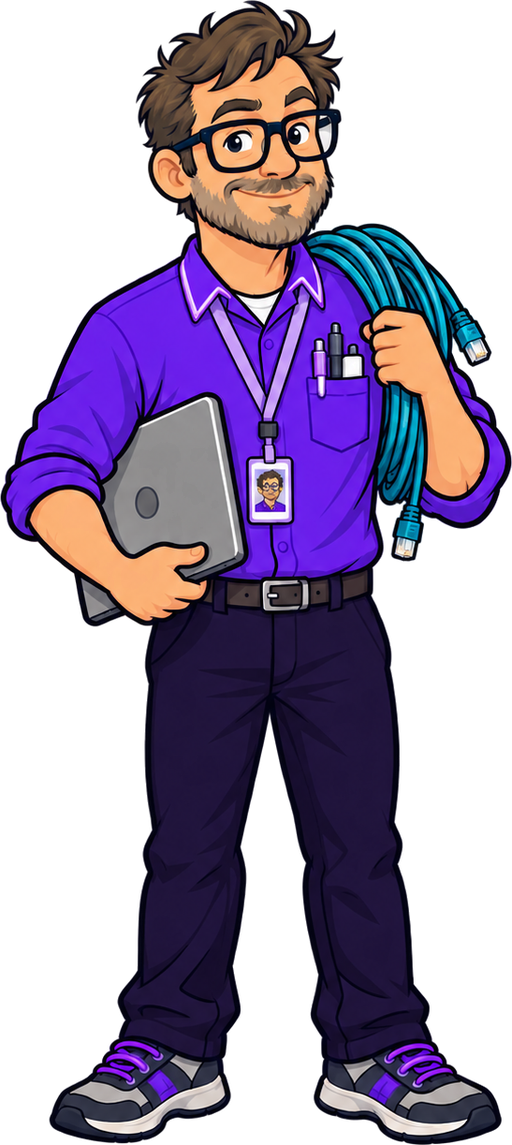 The IT Guru mascot - a bearded technician in a purple shirt holding a laptop and a coil of network cable