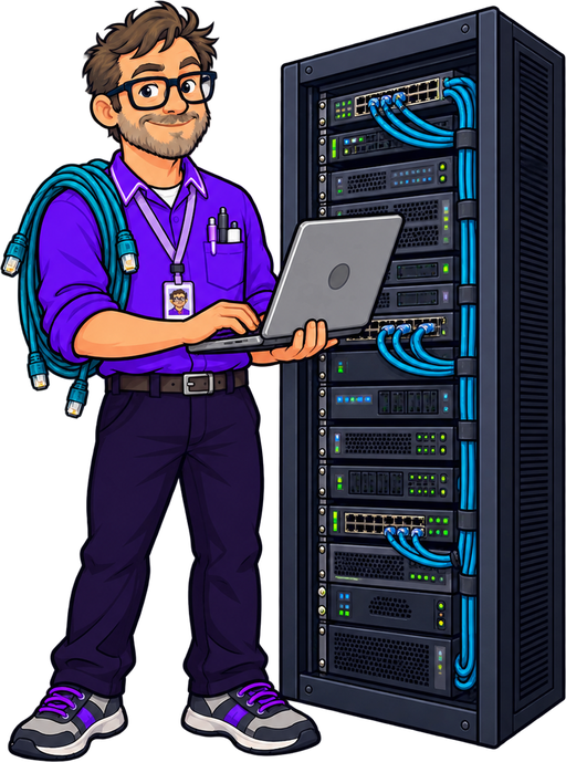 The IT Guru mascot working at a server rack